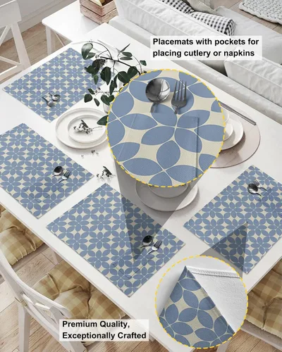 Vista 2 de Juego de 6 manteles individuales geométricos azules para mesa de comedor, manteles individuales de lino de algodón con bolsillo, tapete de arpillera