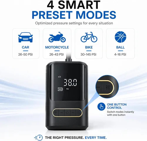 Vista 4 de Compresor de aire portátil para bicicleta: mini bomba eléctrica para neumáticos con apagado automático, compatible con múltiples válvulas, inflador