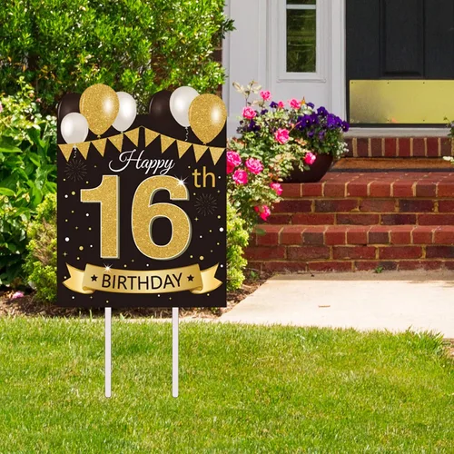 Vista 12 de Letrero grande de patio para fiesta de feliz cumpleaños número 13, negro dorado, letreros de patio de cumpleaños 13 con estacas y decoraciones