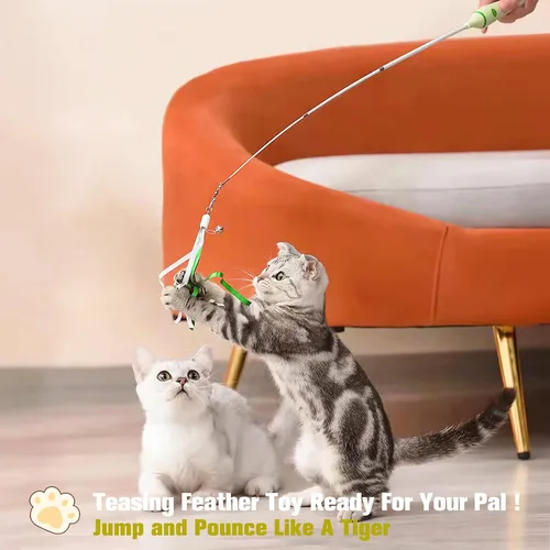 Vista 4 de BEBOBLY Juguete retráctil 3 en 1 para gatos de interior, juguetes interactivos de plumas de gato