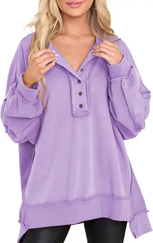 Vista 7 de AlvaQ - Sudadera de gran tamaño para mujer, informal, de manga larga, con botones y cuello Henley, tipo túnica