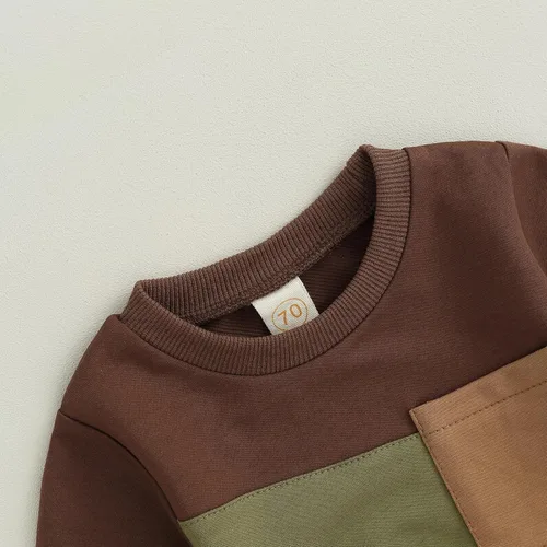 Vista 4 de BeQeuewll Ropa para bebé niño de otoño e invierno, 2 piezas, bloque de color, sudadera y pantalones con cuello redondo