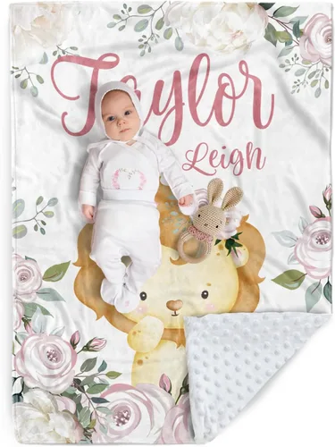 Vista 15 de Manta de bebé personalizada, manta de felpa suave con respaldo de puntos de doble capa para niños y niñas, nombre personalizado con diseño de animal