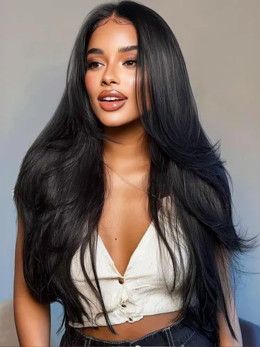Vista 54 de KLAIYI Peluca de cabello humano con encaje frontal precortada 7x5, corte Bob en capas, corte romo, cordón sin pegamento, peluca predepilada
