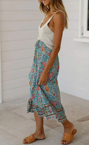 Vista 4 de SimpleFun Falda larga de cintura alta elástica con estampado floral bohemio para mujer con bolsillos