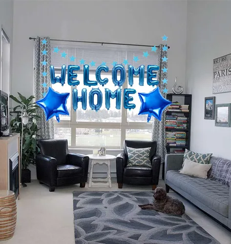 Vista 2 de Cartel de globo de letras de bienvenida a casa, globos de papel de aluminio con pancarta de estrella para despliegue temático del ejército