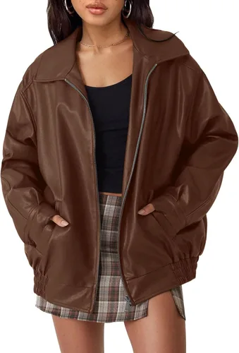 Vista 10 de AUTOMET Chaqueta de piel sintética de gran tamaño para mujer para otoño e Verde Armada (ArmyGreen)