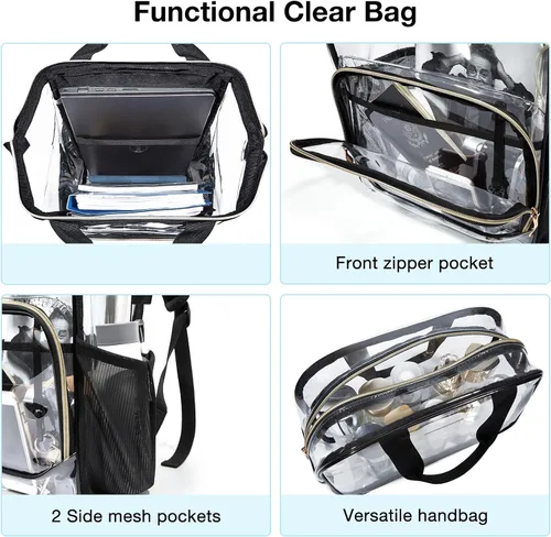 Vista 3 de LIGHT FLIGHT Mochila transparente resistente y transparente, juego de mochila transparente, mochilas duraderas para universidad, seguridad, L-negro