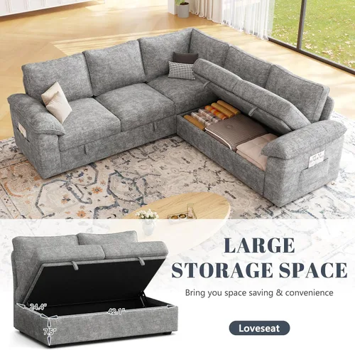 Vista 6 de Sofá modular de 85 pulgadas con cama extraíble, sofá modular de 5 asientos en forma de L con almacenamiento, sofás seccionales para sala de estar