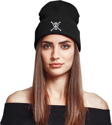 Vista 3 de Linhiian Anime Skull and Crossbones Embroidered Black Beanie Hats for Men Wome-Warm Stretchable Quackity Cuffed Beanie Hat