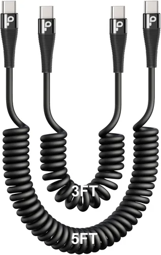 Vista 9 de Cable USB C de carga rápida, paquete de 2 cables de carga USB A a USB C en espiral de 3 pies para automóvil, cable de carga USB-C compatible