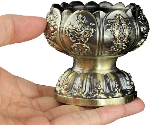 Vista 3 de Portavelas de flor de loto – Taza budista tibetana para oferta de agua, soporte para lámpara de aceite para meditación de Altar de Buda (bronce)