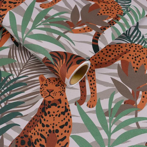 Vista 8 de CRE8TIVE Papel tapiz de animales de tigre y leopardo, hojas exóticas de selva tropical, papel tapiz de despegar y pegar, papel tapiz de 12 x 118