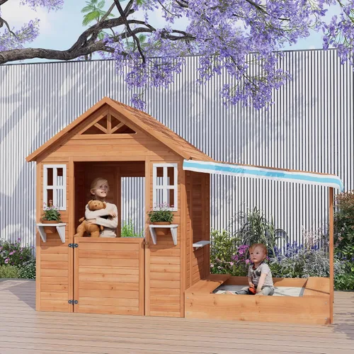 Vista 7 de BIRASIL Casa de juegos para niños con arenero, casa de juego de madera para exteriores con fosa de arena para jardín trasero, edades de 3 a 10 años