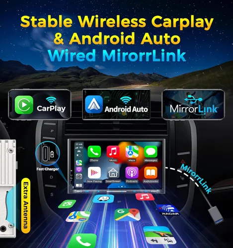 Vista 2 de PLZ estéreo de coche inalámbrico de doble DIN de 7" con pantalla QLED para automóvil, Apple Carplay, Radio, Android Auto, Bluetooth 5.3, Cargador