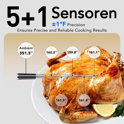 Vista 4 de BFOUR Termómetro inalámbrico para carne Bluetooth con base digital independiente, rango ilimitado WiFi, sensor de precisión 6, impermeable IP67