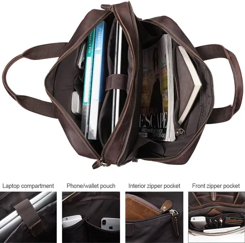 Vista 5 de TIDING Maletín de cuero genuino de 17 pulgadas para portátil de mensajero para hombres de negocios de viaje bolsa de hombro
