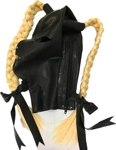 Vista 5 de Peluca de látex con capucha de látex unisex para fiestas, peluca de cola de caballo abierta para parejas sexys, cosplay, máscara facial