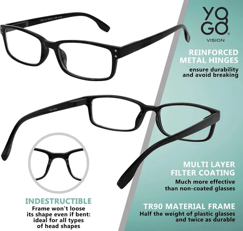 Vista 4 de Yogo Vision Reading Glasses Men & Women Readers Spring Hinge Lightweight Eyeglasses Style Anti Glare Filter 5 Pairs