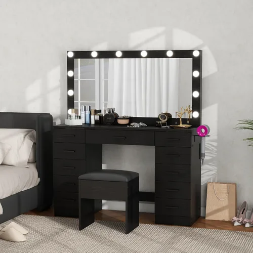 Vista 4 de Escritorio de tocador con espejo grande y luces, 11 cajones, mesa de maquillaje con taburete, 3 modos de iluminación, brillo ajustable, tocador