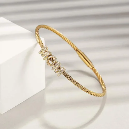Vista 4 de Gold Cable Wire Bangle with MOMBLESSEDLOVED Bracelets for Women Stainless Steel Twisted Cuff Bracelet for Adults Fashion Jewelry Gift for Mom