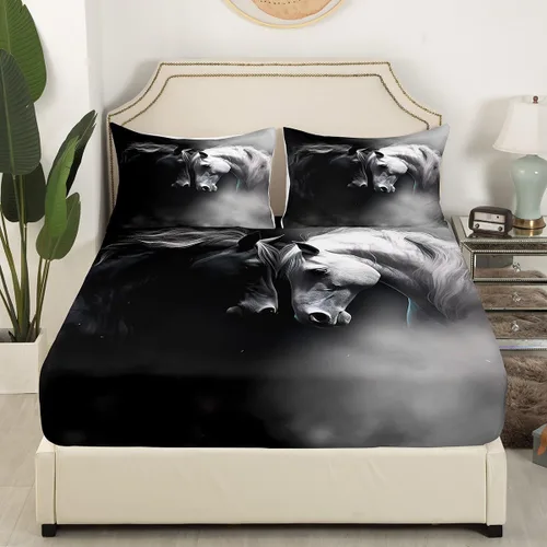 Vista 3 de Erosebridal Juego de cama de caballo para niñas, niños y parejas, sábana bajera ajustable de caballos blancos y negros, tamaño individual, diseño