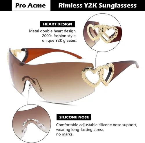 Vista 2 de Pro Acme Gafas de sol envolventes Y2K sin montura para mujeres y hombres, gafas de sol futuristas de gran tamaño, protección superior plana, moda