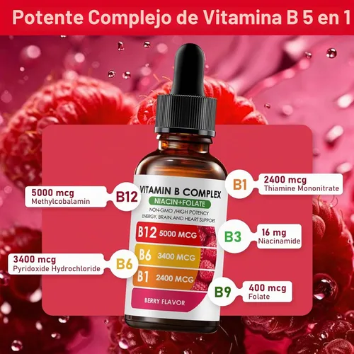 Vista 2 de Complejo de vitamina B12 con suplemento líquido de frambuesa B1, B6, vitamina B12, vitamina esencial 5 en 1 complejo de vitamina B, función