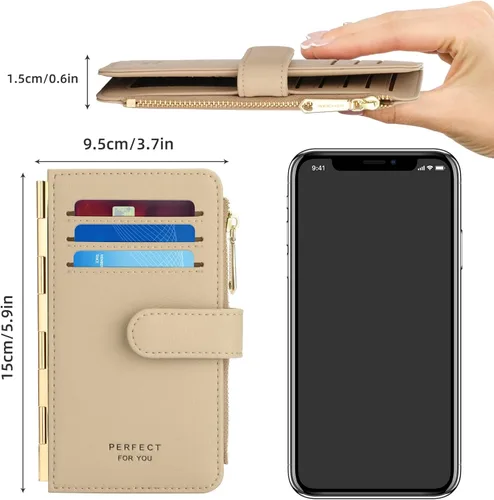 Vista 4 de PERFECB - Cartera para mujer, con bloqueo RFID, delgada, plegable, para tarjetas de crédito, simple con cremallera, Caqui, Tarjetero Wellet