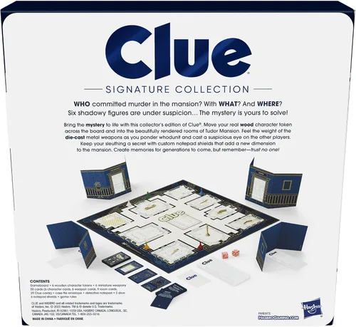 Vista 4 de Hasbro Gaming Clue Board Game Signature Collection, embalaje y componentes premium, juegos familiares para niños y adultos, juegos misteriosos