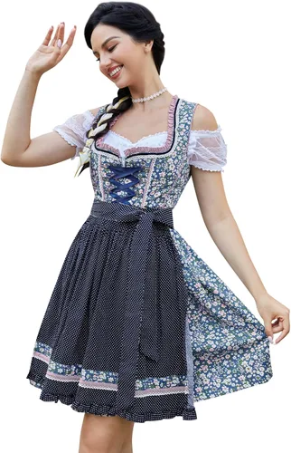 Vista 11 de GloryStar Vestido de cerveza de tirolesa alemana para mujer, disfraz de 3 piezas para el festival de carnaval bávaro del Oktoberfest 2 piezas - azul