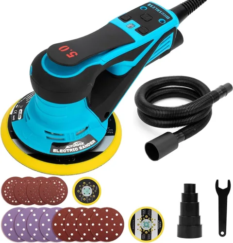 Vista 9 de Lijadora orbital aleatoria eléctrica Autolock, motor sin escobillas de 350W con almohadillas de 5 y 6 pulgadas, lijadora de palma de 10000RPM