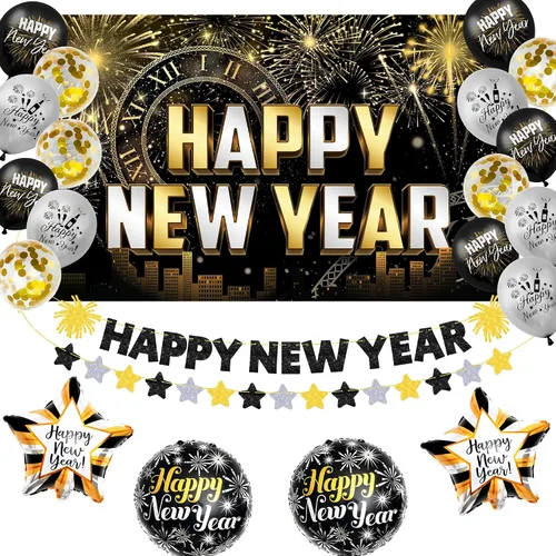 Vista 9 de KatchOn, Suministros para fiesta de Año Nuevo 2026 – Enorme, paquete de 37 Cartel de Feliz Año Nuevo, globos de Año Nuevo para decoraciones de Año