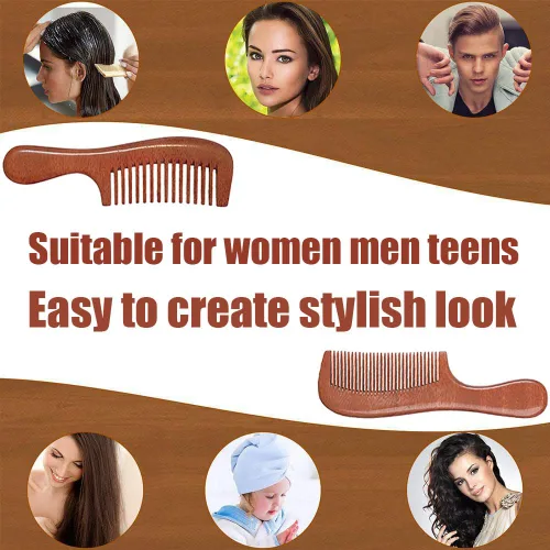 Vista 7 de Juego de 2 peines de madera de sándalo con dientes anchos y finos, peine de madera para mujeres y hombres, peine de madera antiestático para cabello
