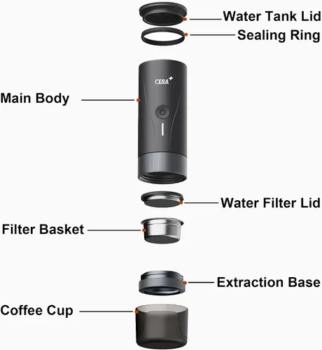 Vista 10 de CERA+ PCM04A - Cafetera portátil para café expreso con cesta profesional de 2.008 in Self-Heating Electric Espresso Machine for Ground Coffee, 20