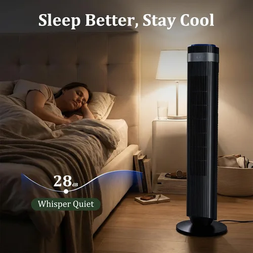 Vista 6 de Ventilador de torre para dormitorio, ventilador oscilante silencioso sin aspas de 28 dB con control remoto, 5 velocidades y 4 modos, temporizador