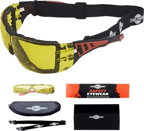 Vista 10 de ToolFreak Lentes de seguridad Rip Out – Tintados – Lente de policarbonato con clasificación z87.1 – Acolchado de espuma y correa ajustable – Lentes