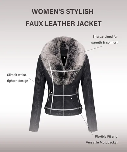Vista 3 de Bellivera - Chaqueta de cuero sintético para mujer, moda de otoño e invierno, abrigo de motociclista con cuello de piel