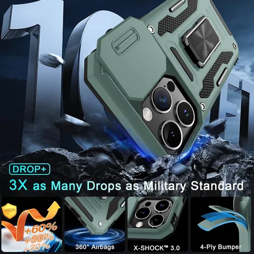 Vista 250 de DEERLAMN Funda para iPhone Xs Max con funda deslizante para cámara + protector de pantalla, soporte giratorio de anillo de grado militar a prueba