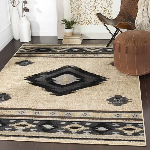 Vista 7 de Hoylake Southwestern - tapete estilo tribal, azteca, indio americano e indie, felpudo, pequeño, marrón, gris, negro, 1 pie y 10 pulgadas por 2 pies