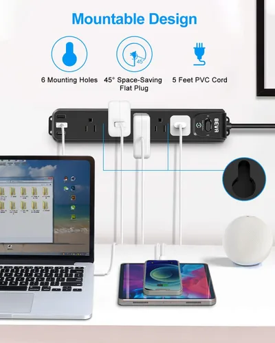 Vista 6 de Regleta protectora contra sobretensiones, 5 tomas ampliamente espaciadas, 3 puertos USB con cable de extensión resistente de 5 pies, enchufe plano