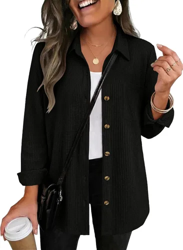 Vista 15 de Zeagoo Camisa de punto gofre para mujer, con botones, manga larga, con 01-albaricoque