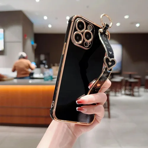 Vista 2 de IDweel Funda para iPhone 11 Pro Max con correa de pulsera ajustable, lazo atril, chapado de lujo de corazón, esquinas elevadas, a prueba de golpes