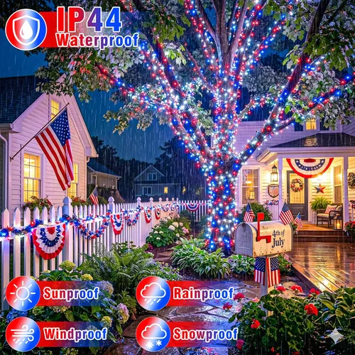 Vista 5 de Tira de luces rojas, blancas y azules, 66 pies, 200 luces LED para el 4 de julio, impermeables, con 8 modos, tira de luces conectables al aire libre