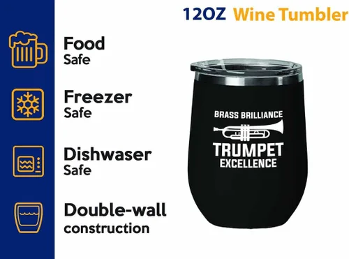 Vista 2 de Trumpet Lover Gift Black Edition Vaso de vino de 12 onzas – Trompeta brillante de latón – Divertido trompetista banda de latón, trompetista, amante