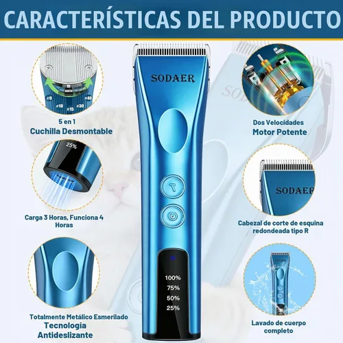 Vista 6 de Cortapelos profesional para perros, cortadora de pelo inalámbrica Azul