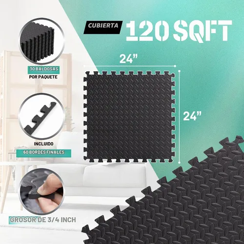 Vista 2 de Yes4All 24SQFT-120SQFT - Tapete de ejercicio de rompecabezas para gimnasio en casa, baldosas de espuma EVA entrelazadas con borde