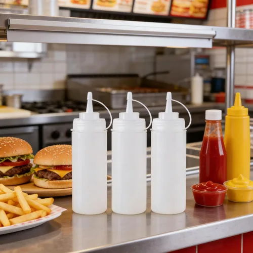 Vista 4 de EORTA Paquete de 3 botellas de plástico para condimentos con tapas de punta, botella grande de 32 onzas para salsa, ketchup mostaza, aceite