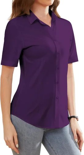 Vista 10 de Camisas de vestir para mujer, sin arrugas, con botones, de manga corta, camisas de trabajo con cuello