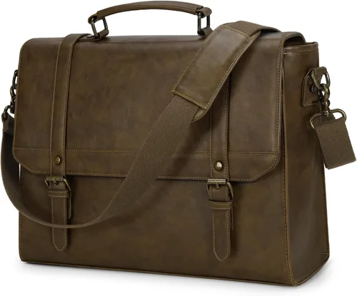 Vista 7 de Bolso de mensajero IGOLUMON para hombres de 15.6 pulgadas, bolso de cuero vintage impermeable para computadora, maletín para hombres, bolso grande